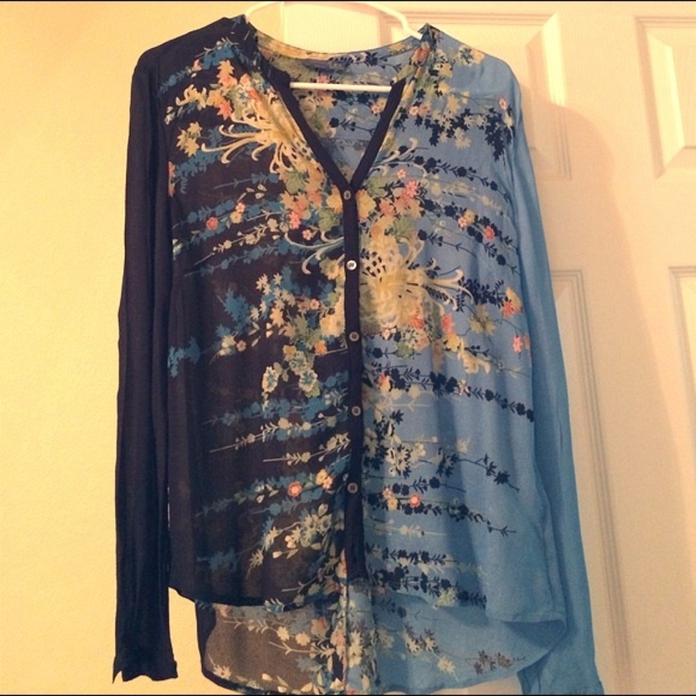 Lil by Anthropologie Blue Floral Blouse